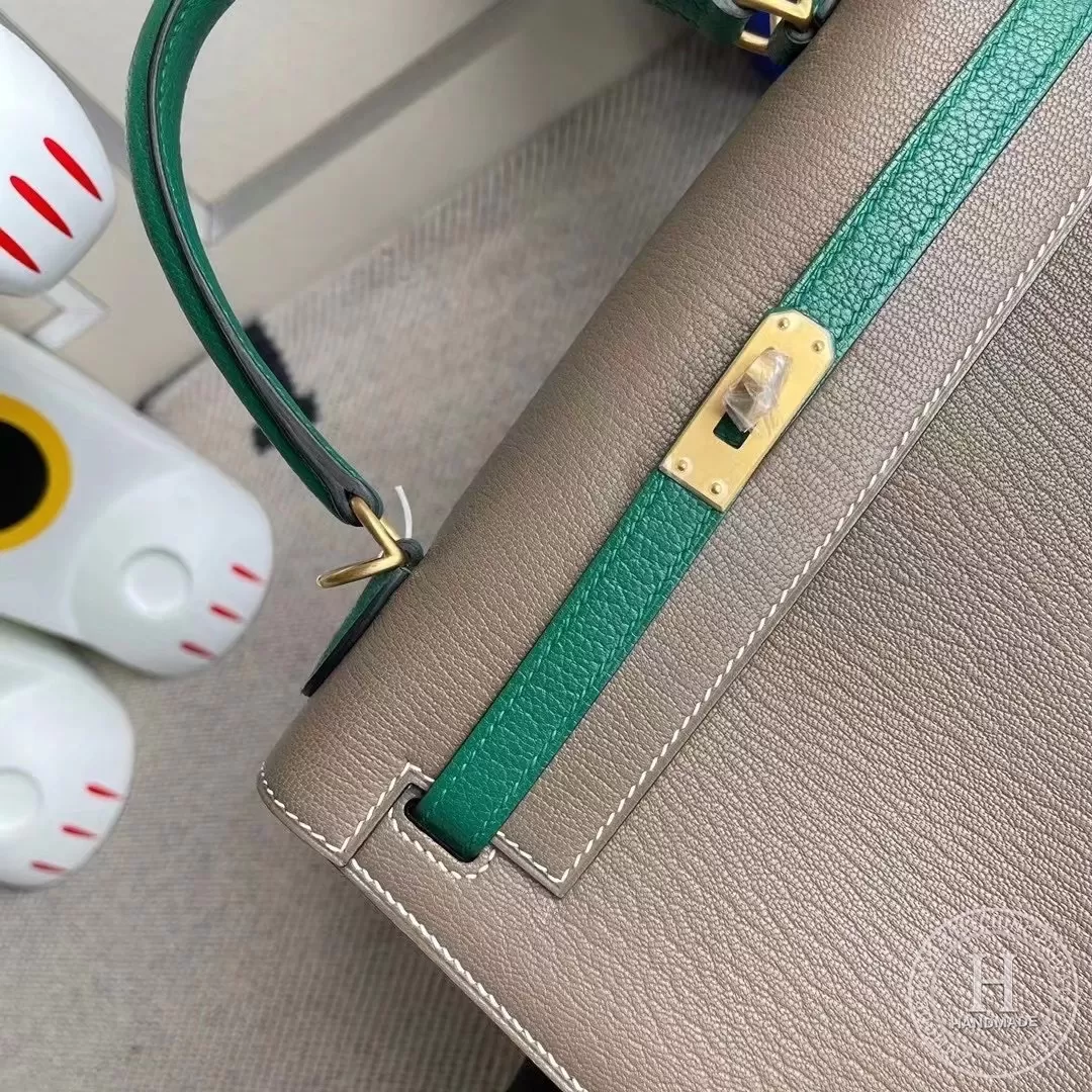 Hermes Kelly 25cm Chevre Mysore CK18 Etoupe  U4 Vert Verigo