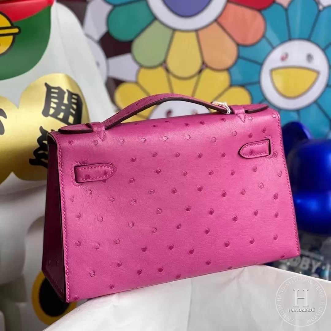 E5 Rose Tyren Ostrich Hermes Minikelly pochette 22