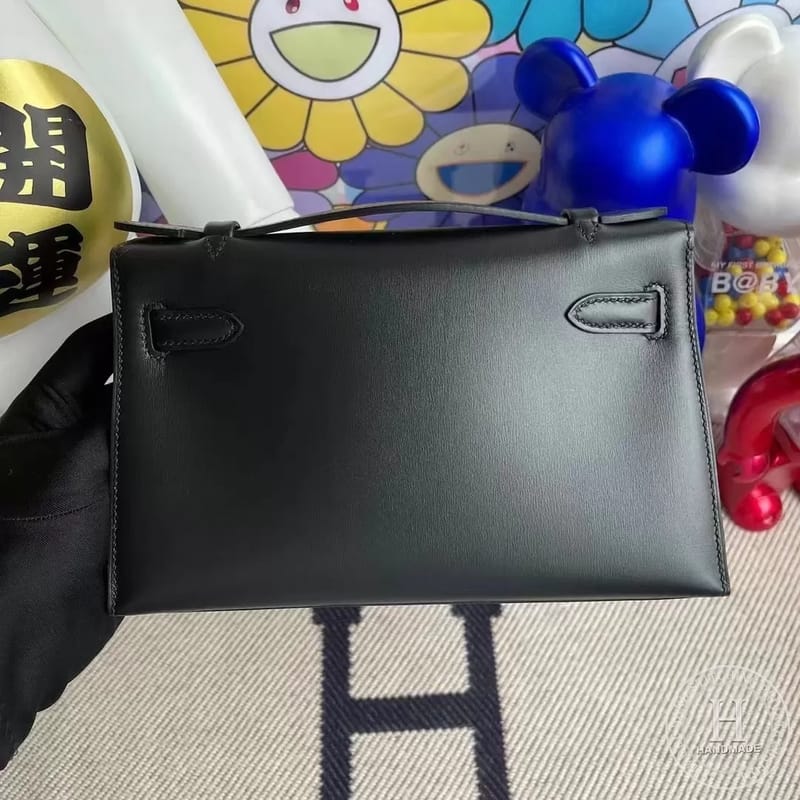 Hermes MiniKelly Pochette 22cm Box CK89 Noir GHW-9631