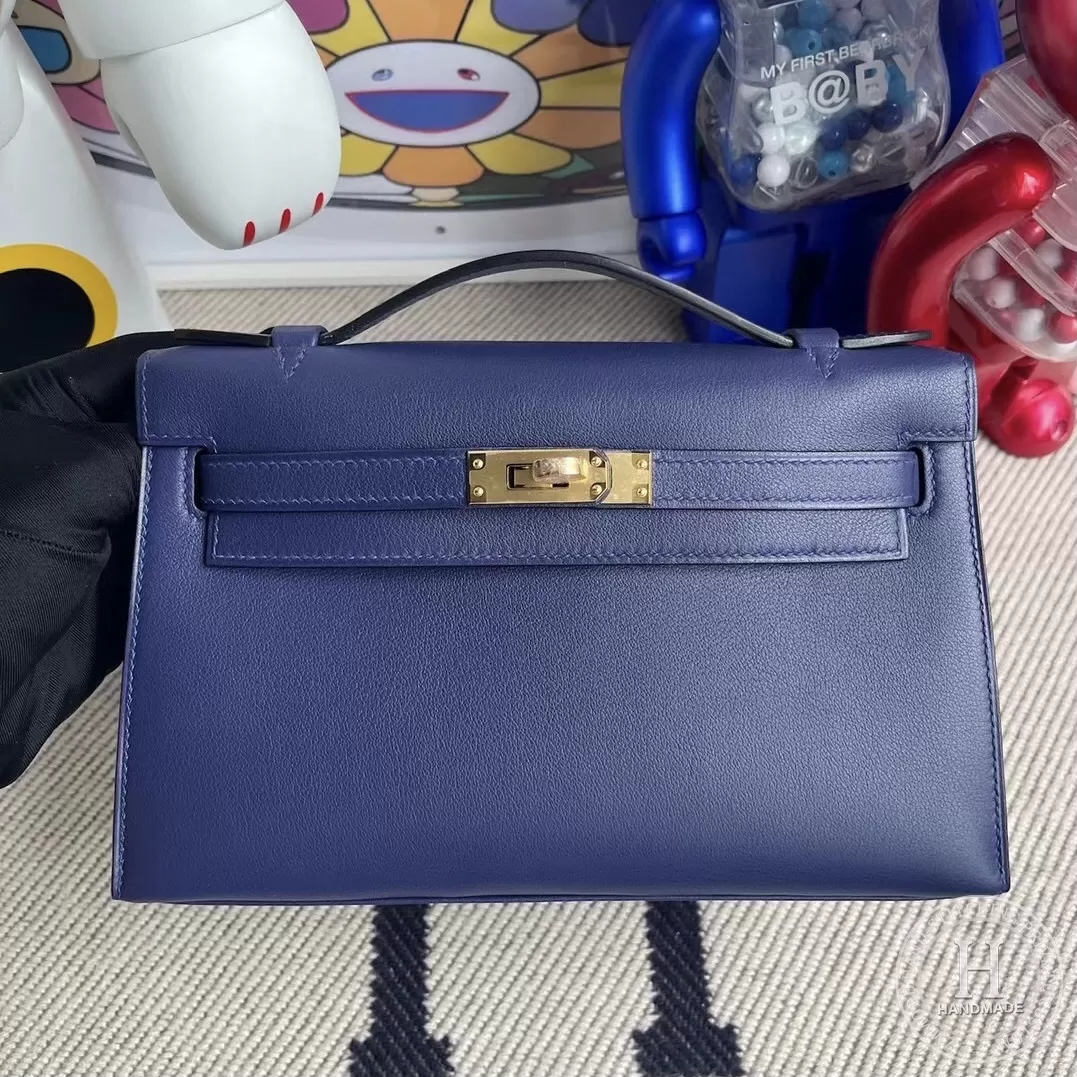 Hermes MiniKelly Pochette 22cm Swift calfskin M3 Blue Encre Hermes MiniKelly Pochette 22cm Swift calfskin M3 Blue Encre