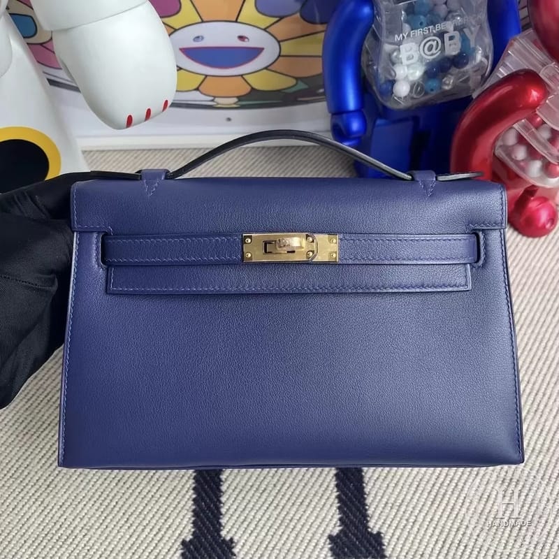 Kelly Pochette Swift M3 Blue Encre Calfskin