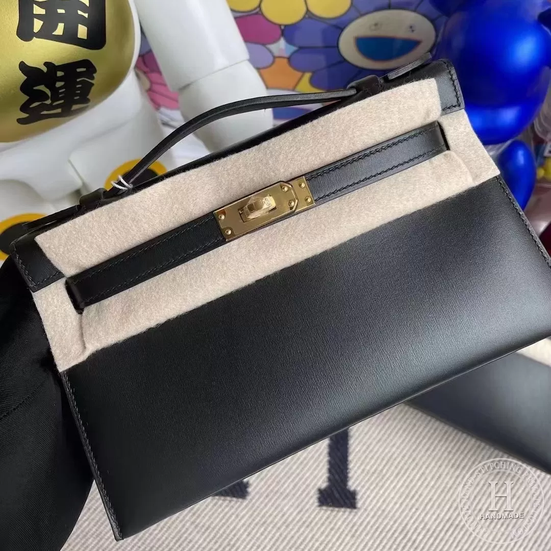 Hermes MiniKelly Pochette 22cm Box CK89 Noir GHW