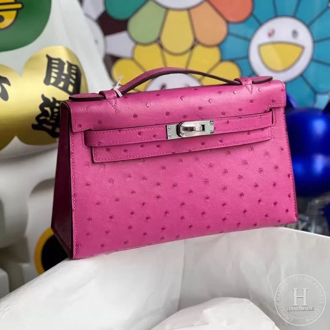 E5 Rose Tyren Ostrich Hermes Minikelly pochette 22