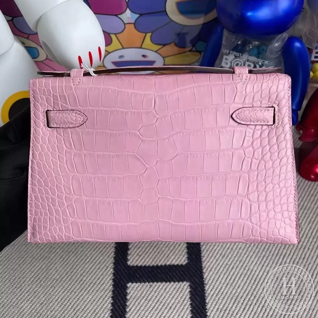 5P Pink Matte Alligator Crocodile Hermes MiniKelly Pochette 22cm 5P Pink Matte Alligator Crocodile Hermes MiniKelly Pochette 22cm