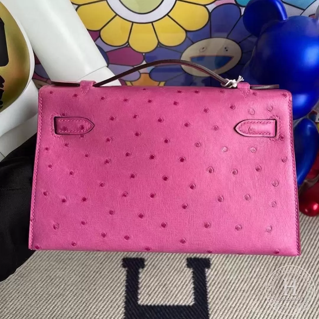 E5 Rose Tyren Ostrich Hermes Minikelly pochette 22