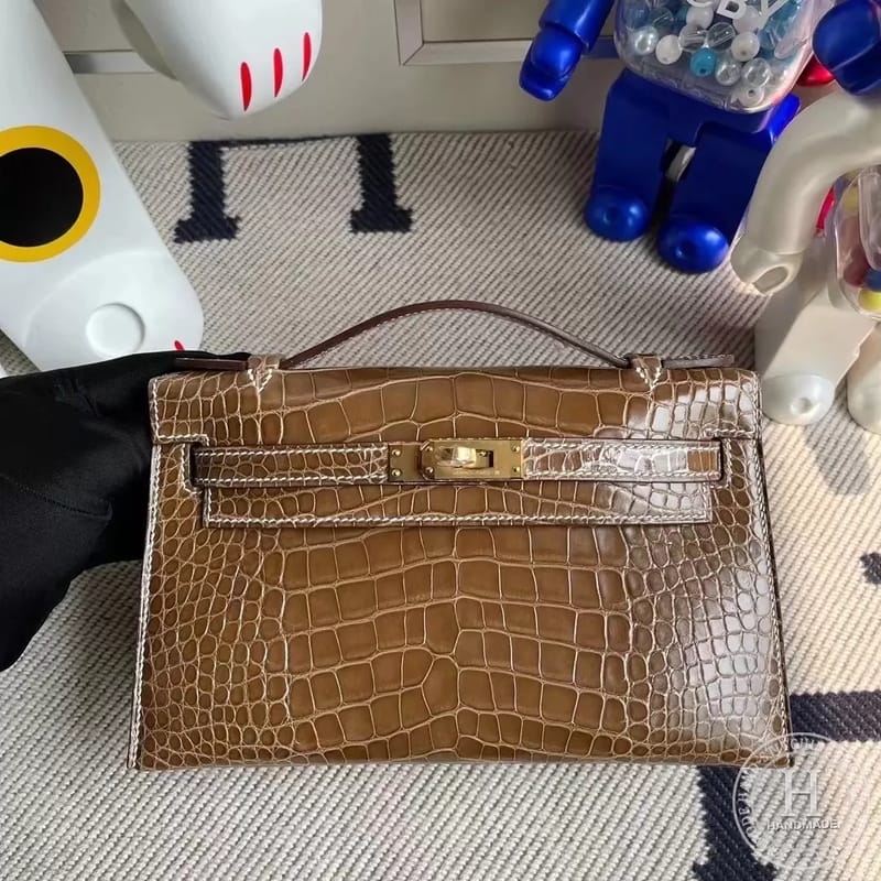 CK17 Ficelle  Shiny Alligator Crocodile Hermes Mini Kelly Pochette 22cm