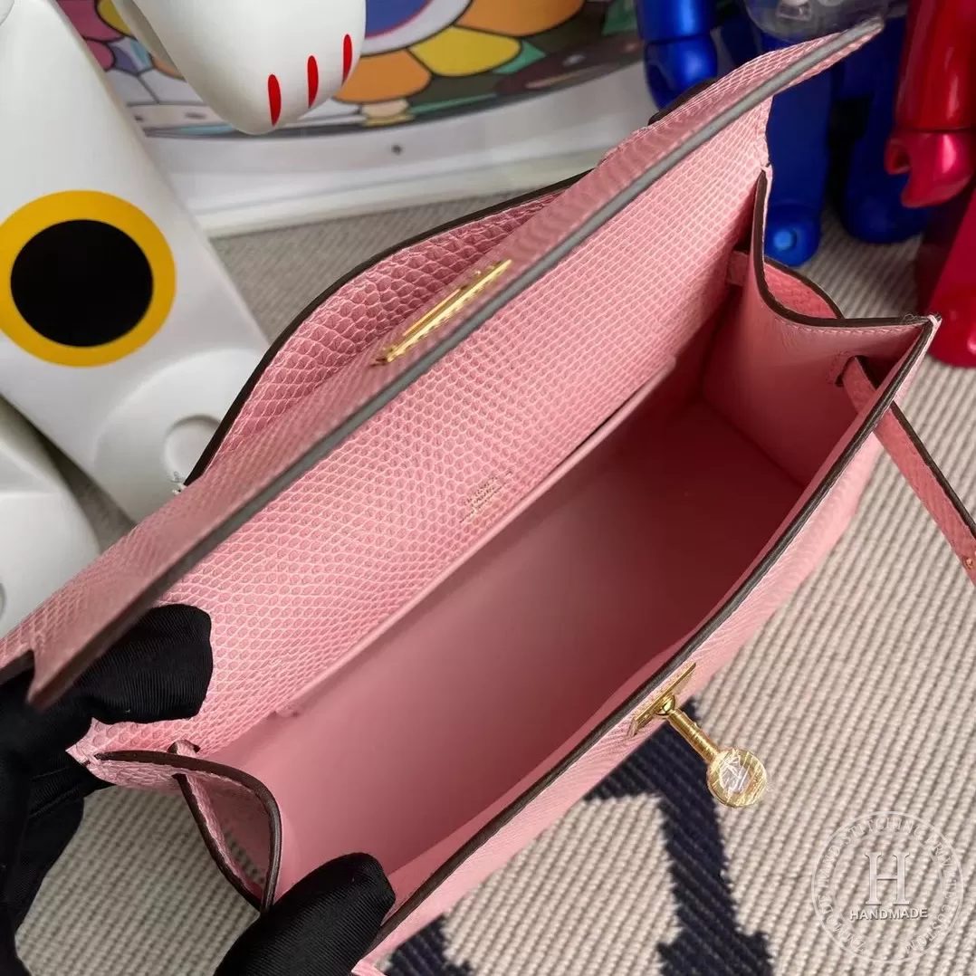 Hermes MiniKelly Pochette 22cm Lizard 3Q Rose Sakura