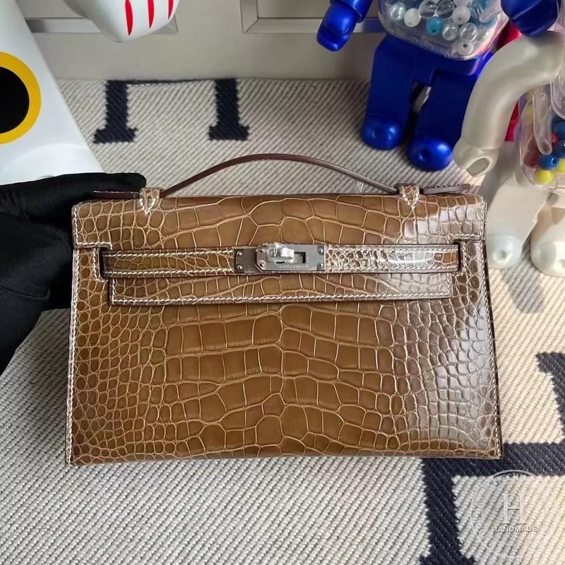 CK17 Ficelle  Shiny Alligator Crocodile Hermes Mini Kelly Pochette PHW