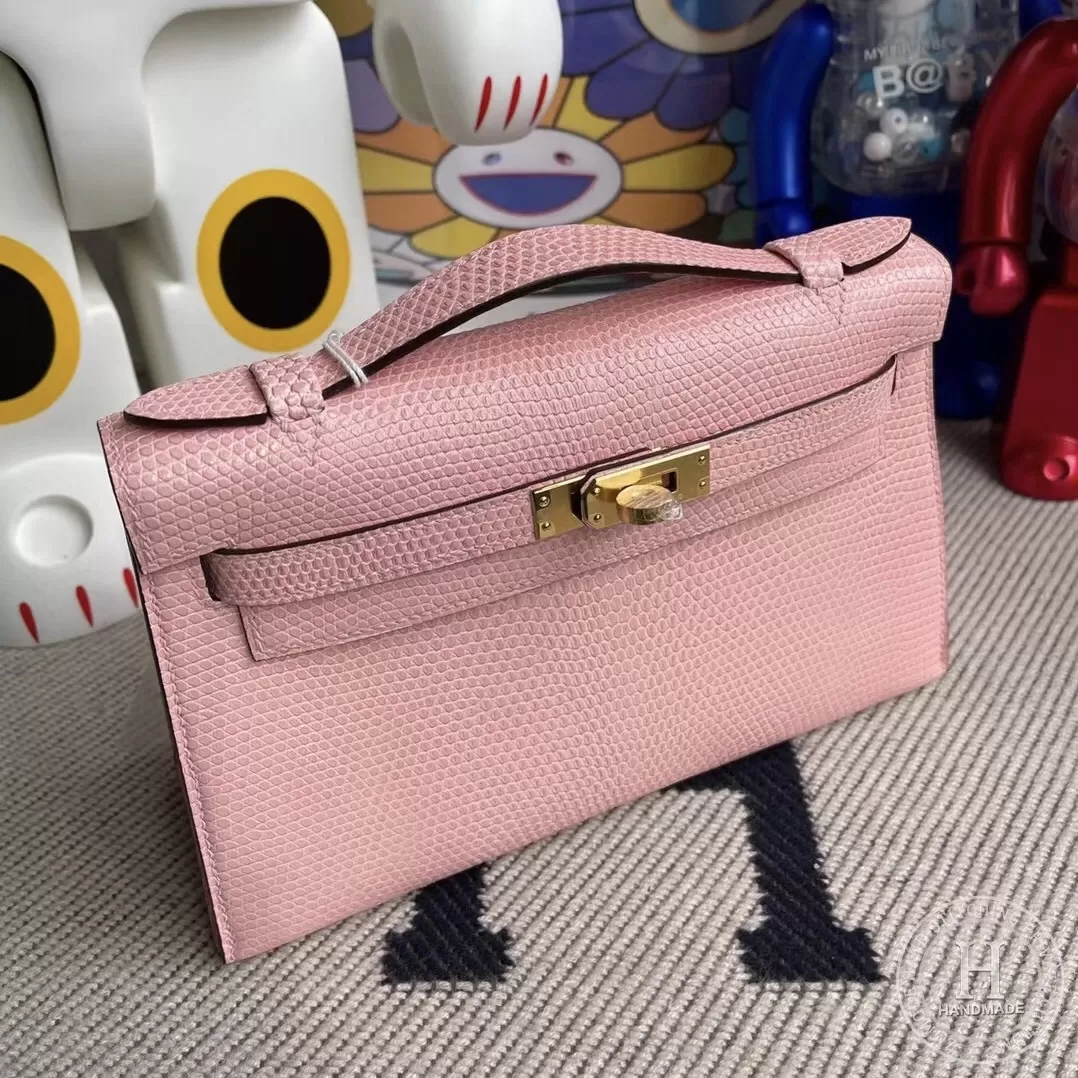 Hermes MiniKelly Pochette 22cm Lizard 3Q Rose Sakura