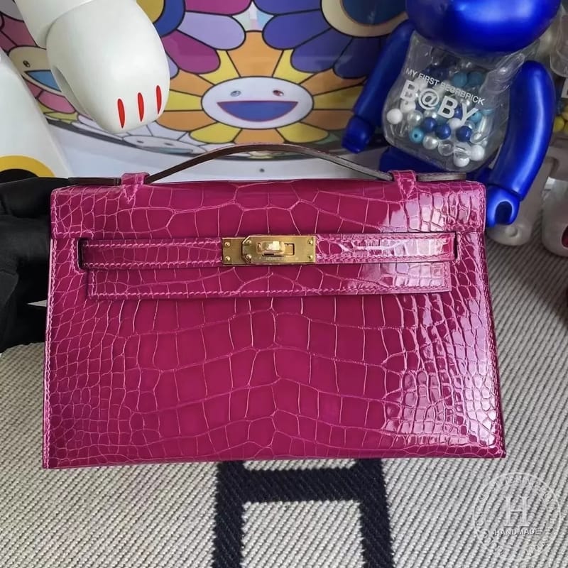 J5 Rose sheheraradez  Shiny alligator crocodile Hermes MiniKelly Pochette 22cm