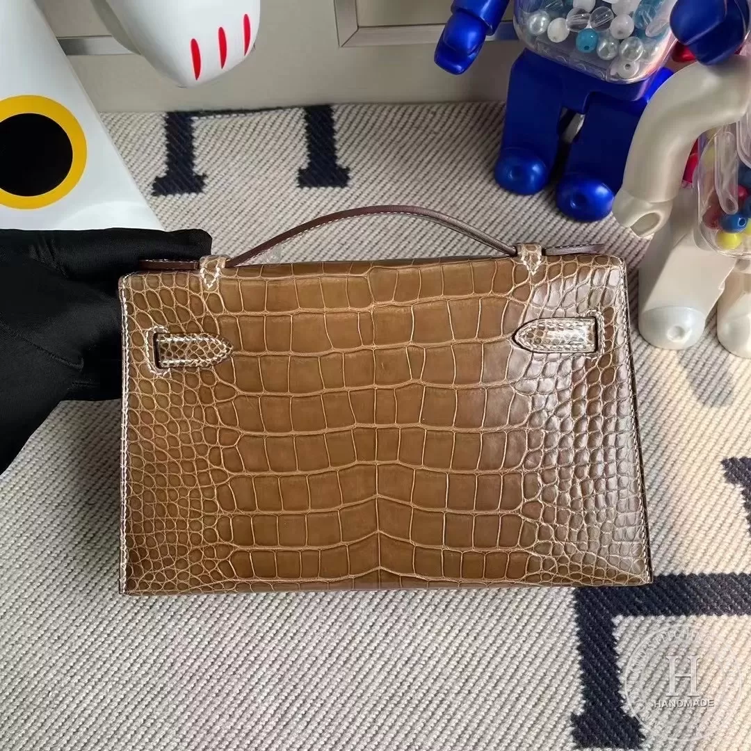 CK17 Ficelle  Shiny Alligator Crocodile Hermes Mini Kelly Pochette PHW