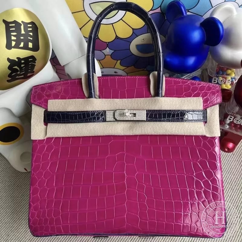 Hermes Birkin 30cm J5  Rose Sheheraradez / CK73 Blue sapphire  Shiny Nilo Crocodile / Diamond buckle CUSTOM