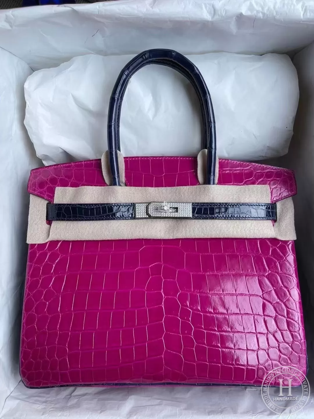 Hermes Birkin 30cm J5  Rose Sheheraradez / CK73 Blue sapphire  Shiny Nilo Crocodile / Diamond buckle CUSTOM