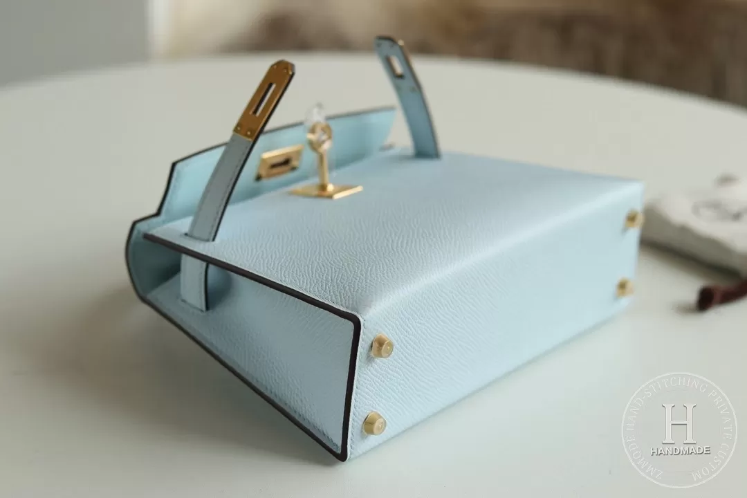 Minikelly in blue brume Epsom leather with palladium hardware