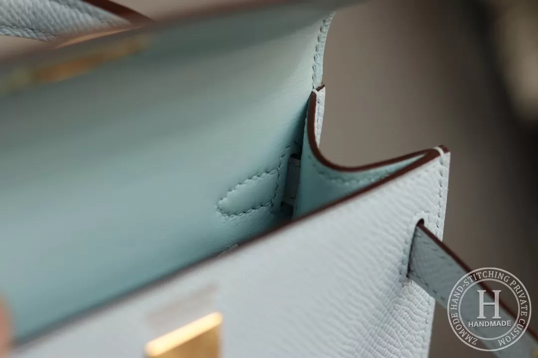 Minikelly in blue brume Epsom leather with palladium hardware