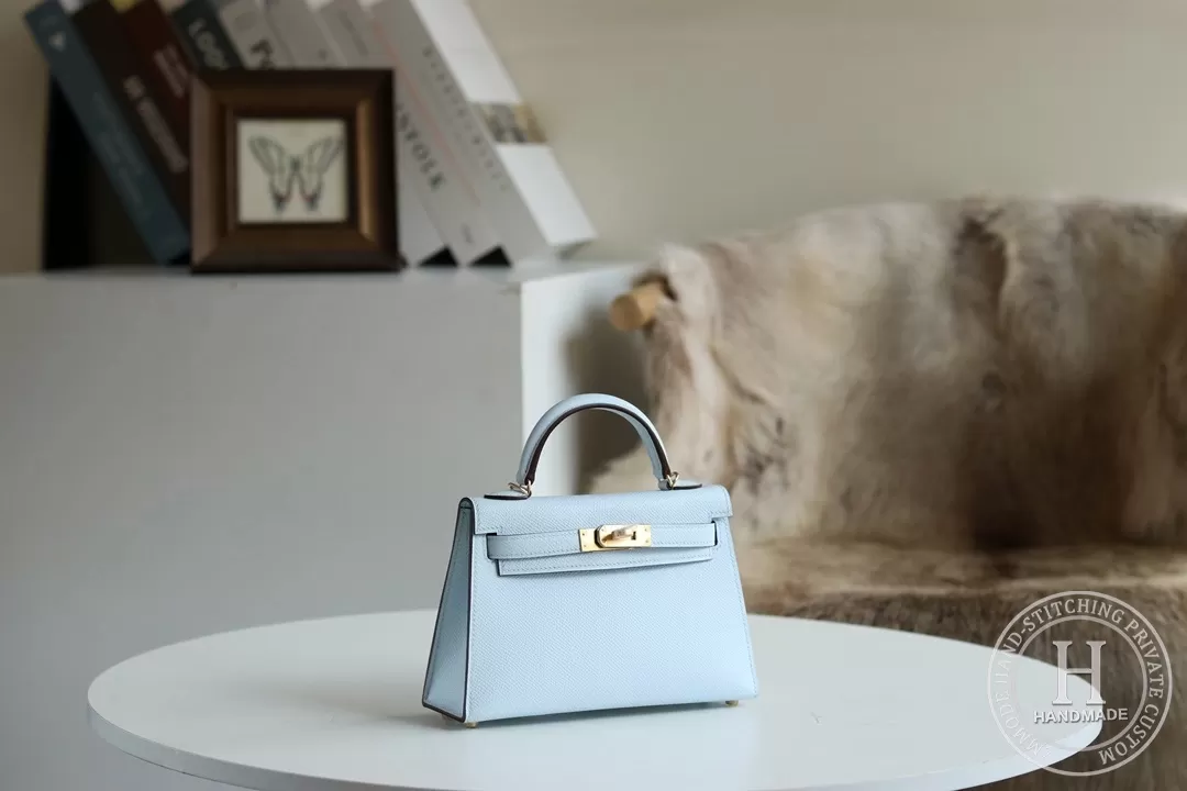 Minikelly in blue brume Epsom leather with palladium hardware