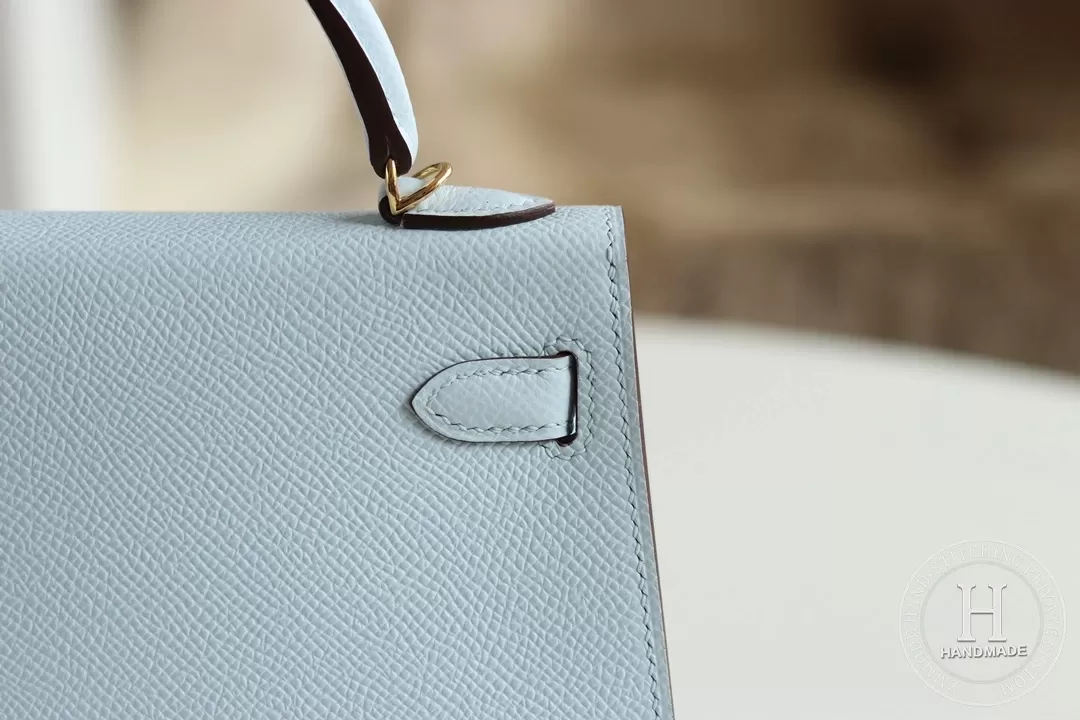 Minikelly in blue brume Epsom leather with palladium hardware
