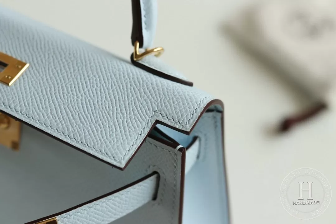 Minikelly in blue brume Epsom leather with palladium hardware