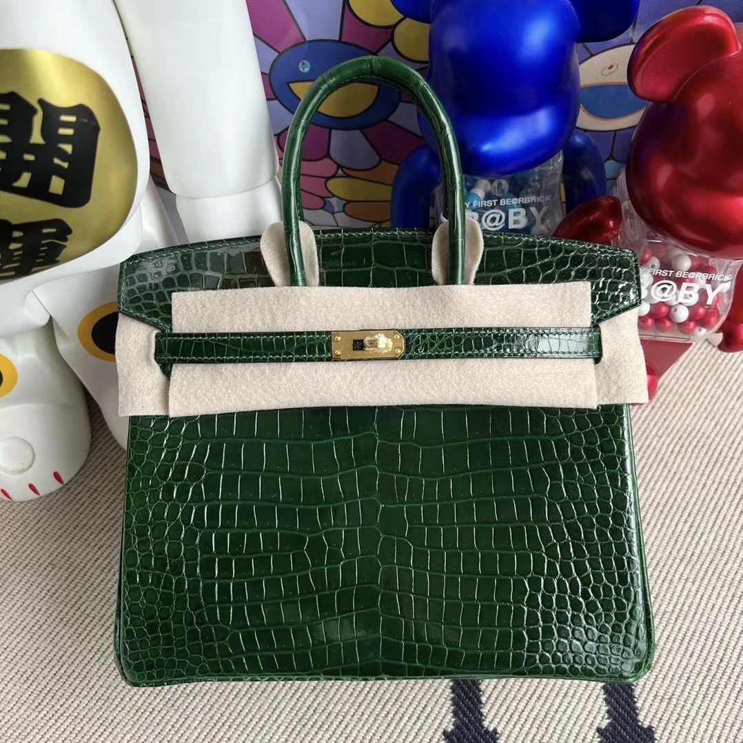 Hermès Birkin 25cm Shiny Porosus Crocodile CC67 Vert Fonce