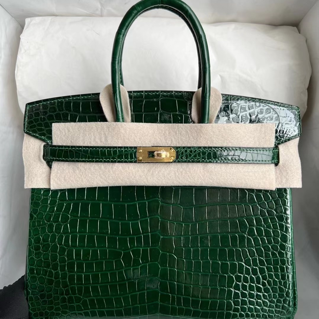 Hermès Birkin 25cm Shiny Porosus Crocodile CC67 Vert Fonce