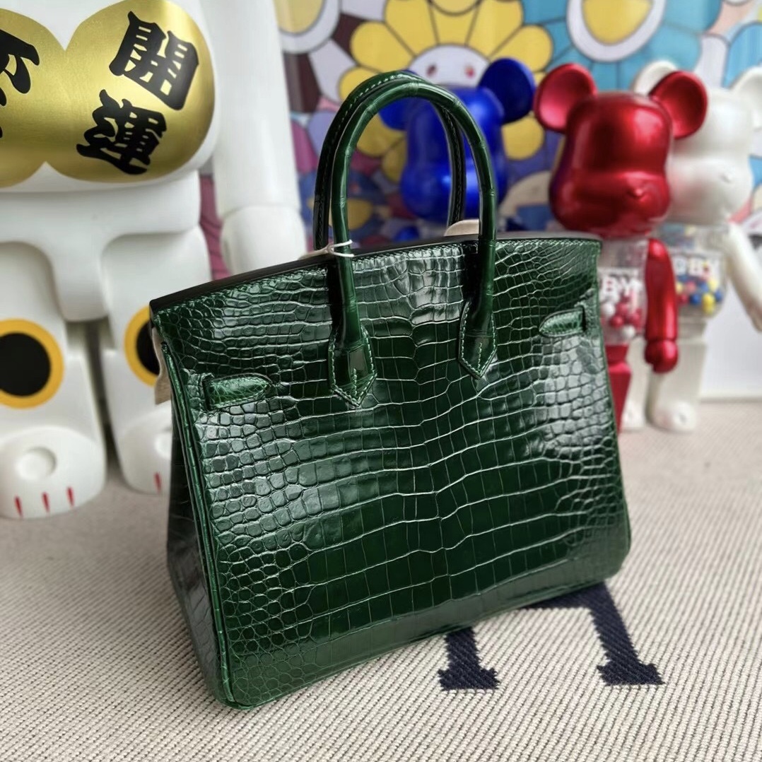 Hermès Birkin 25cm Shiny Porosus Crocodile CC67 Vert Fonce