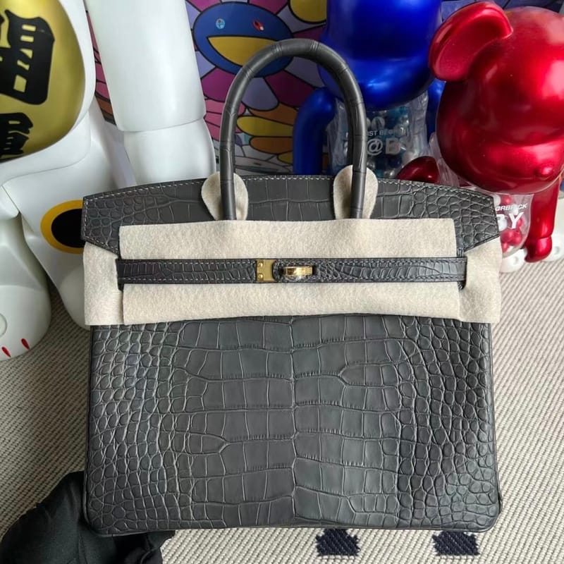Birkin25 in 88 Graphite Matte Alligator Crocodile with Gold Hardware