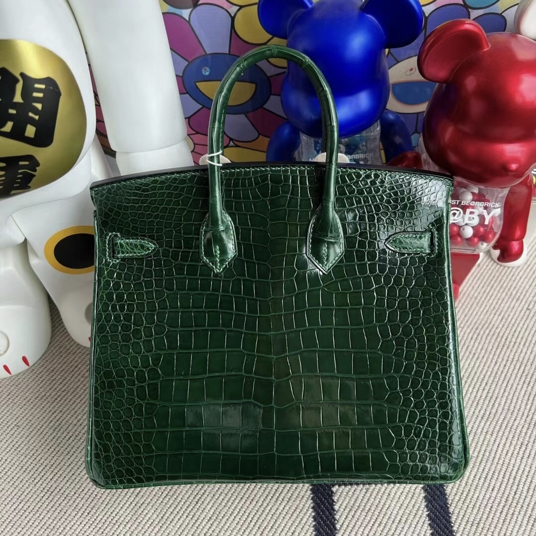Hermès Birkin 25cm Shiny Porosus Crocodile CC67 Vert Fonce