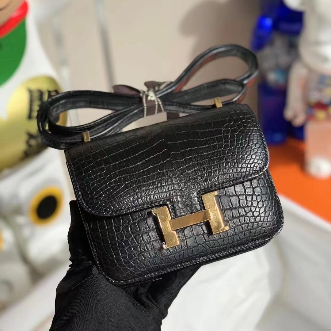 HERMES 14CM CONSTANCE MINI  CC89 BLACK ALLIGATOR