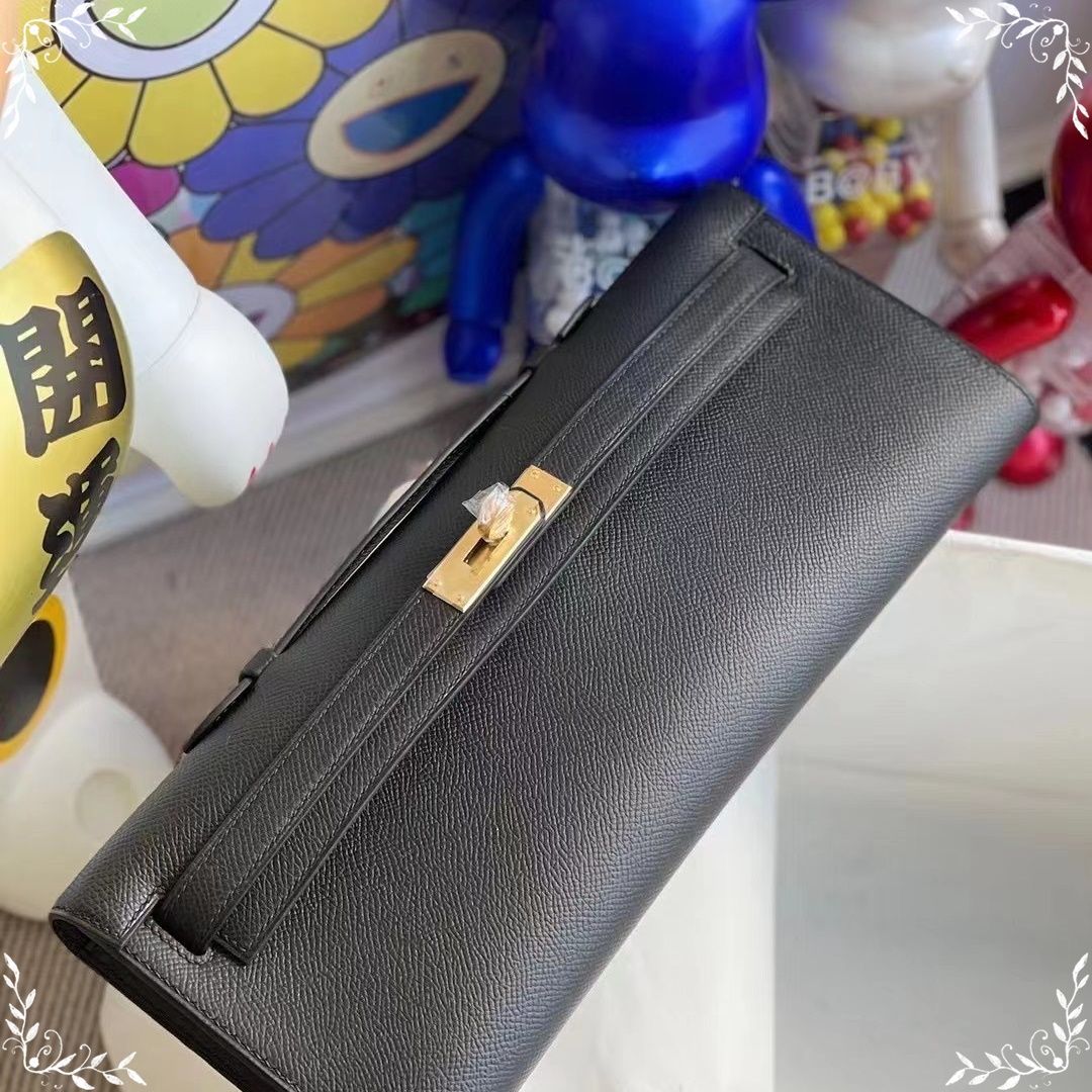 HERMES KELLY CUT 31CM 89  NOIR SHINY POROSUS CROCODILE GHW-6780