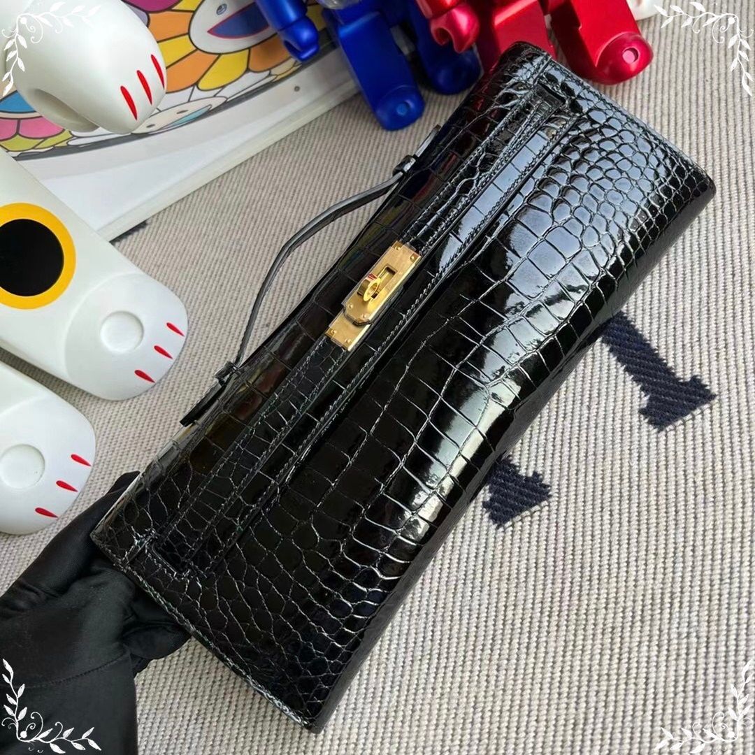 HERMES KELLY CUT 31CM F5 BOURGOGNE GHW SHINY POROSUS CROCODILE-6451