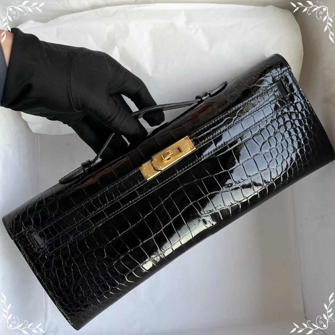 HERMES KELLY CUT 31CM 89 NOIR SHINY POROSUS CROCODILE GHW HERMES KELLY CUT 31CM 89 NOIR SHINY POROSUS CROCODILE GHW