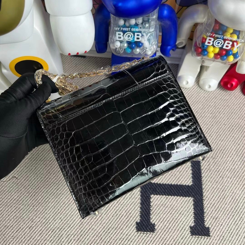 Hermes Verrou Mini 17.5cm Touch Chevre Mysore  Shiny Alligator Crocodile CK89 Noir  Black Phw-3615