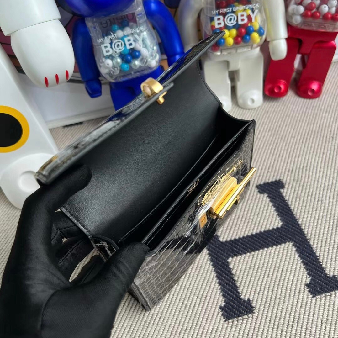 Hermes Verrou Mini 17.5cm Touch Chevre Mysore  Shiny Alligator Crocodile CK89 Noir  Black Phw-3615