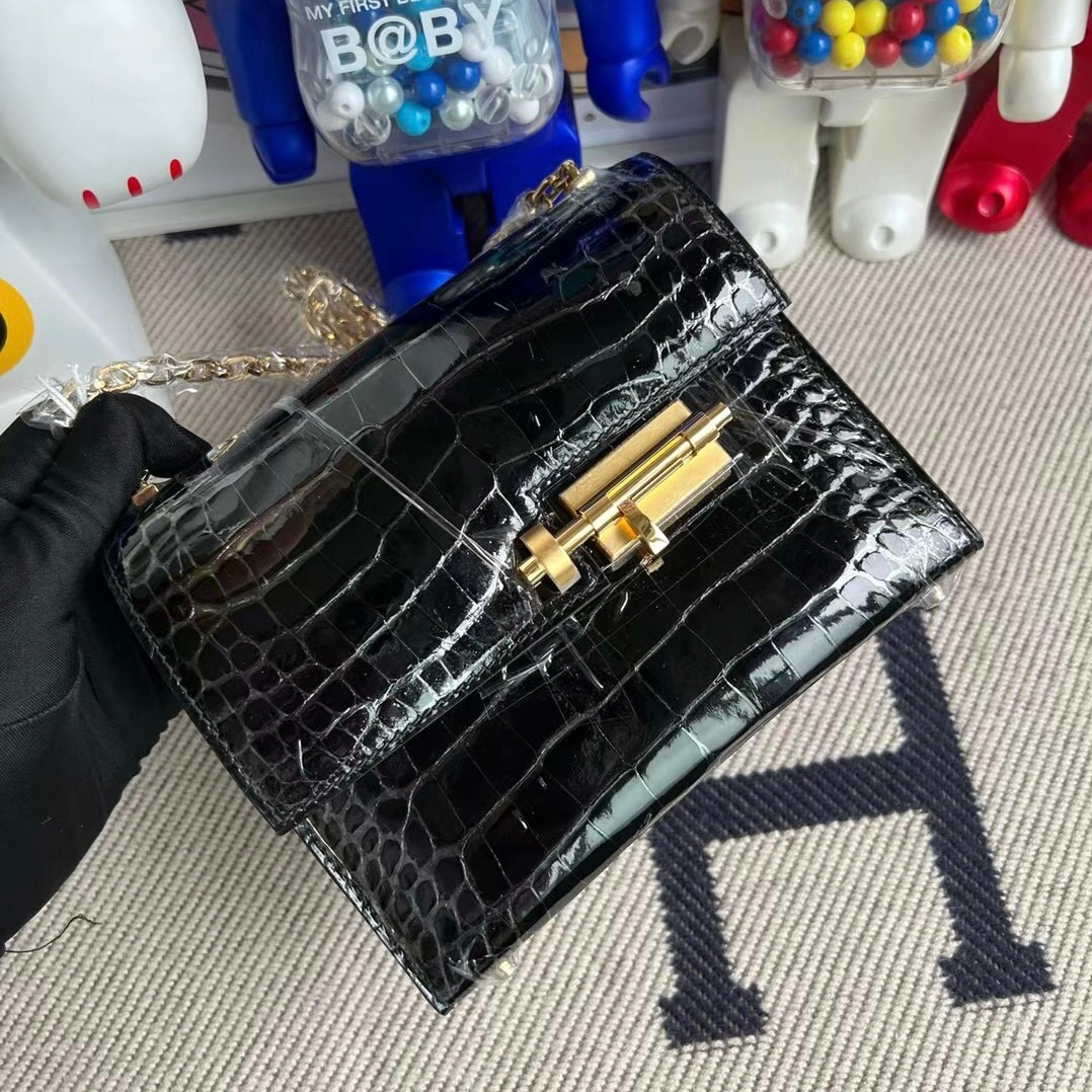 Hermes Verrou Mini 17.5cm Touch Chevre Mysore  Shiny Alligator Crocodile CK89 Noir  Black Phw-3615
