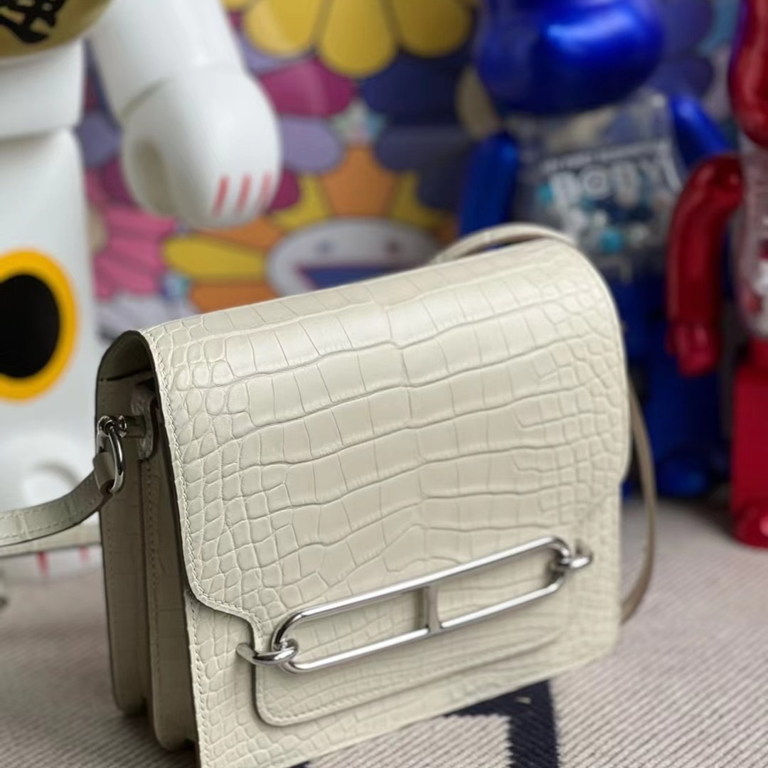 Hermes Roulis Mini 18cm 8L Beton Matte Alligator Crocodile PHW Hermes Roulis Mini 18cm 8L Beton Matte Alligator Crocodile PHW