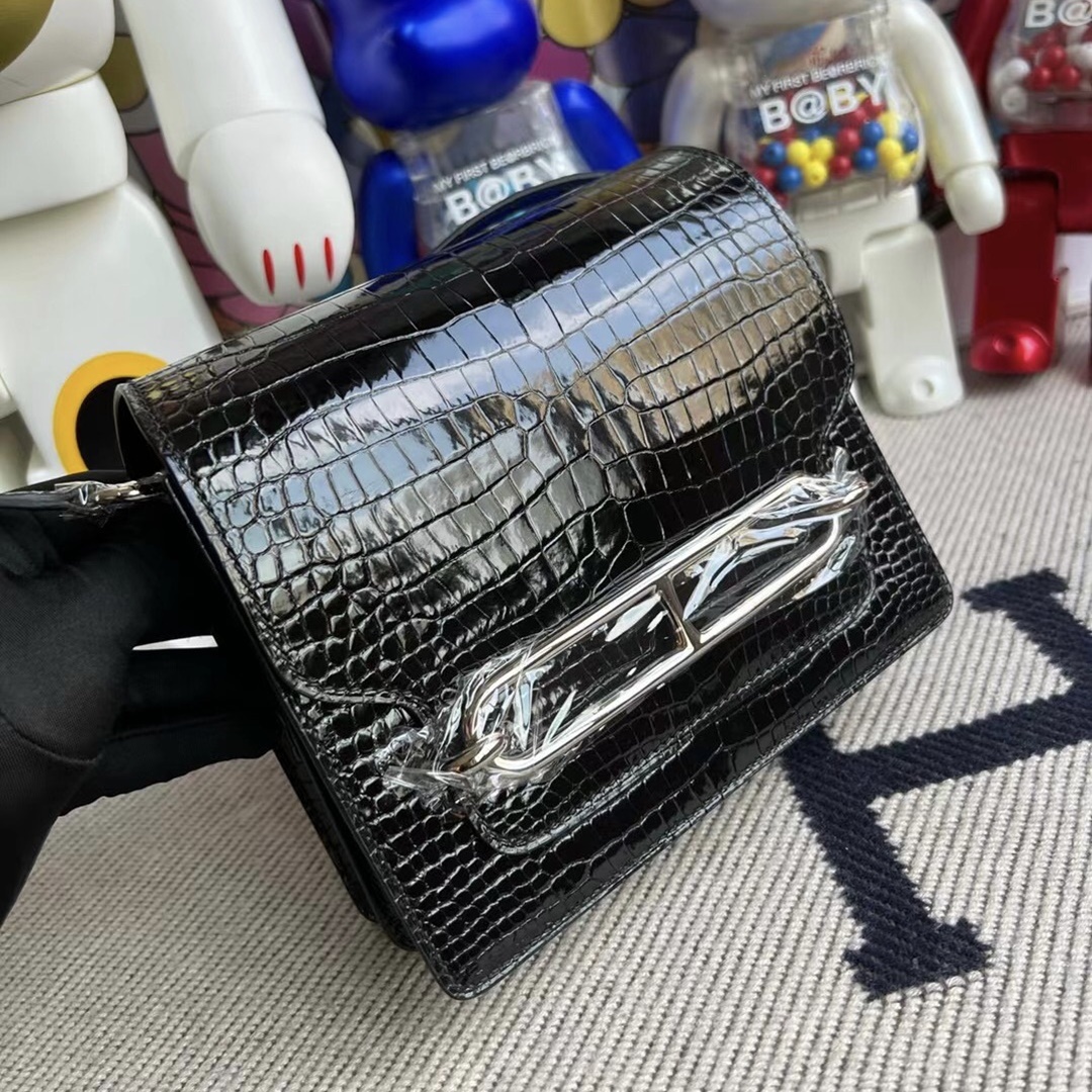 Hermès Roulis Mini 18 Shiny Porosus Crocodile Noir phw Hermès Roulis Mini 18 Shiny Porosus Crocodile Noir phw