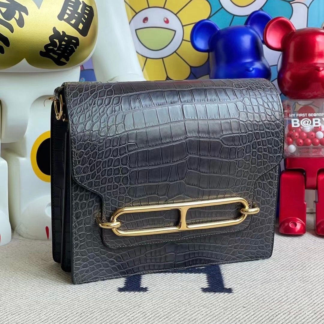 Hermes Roulis 23cm Matte Alligator Crocodile  CC88 Graphite-9976