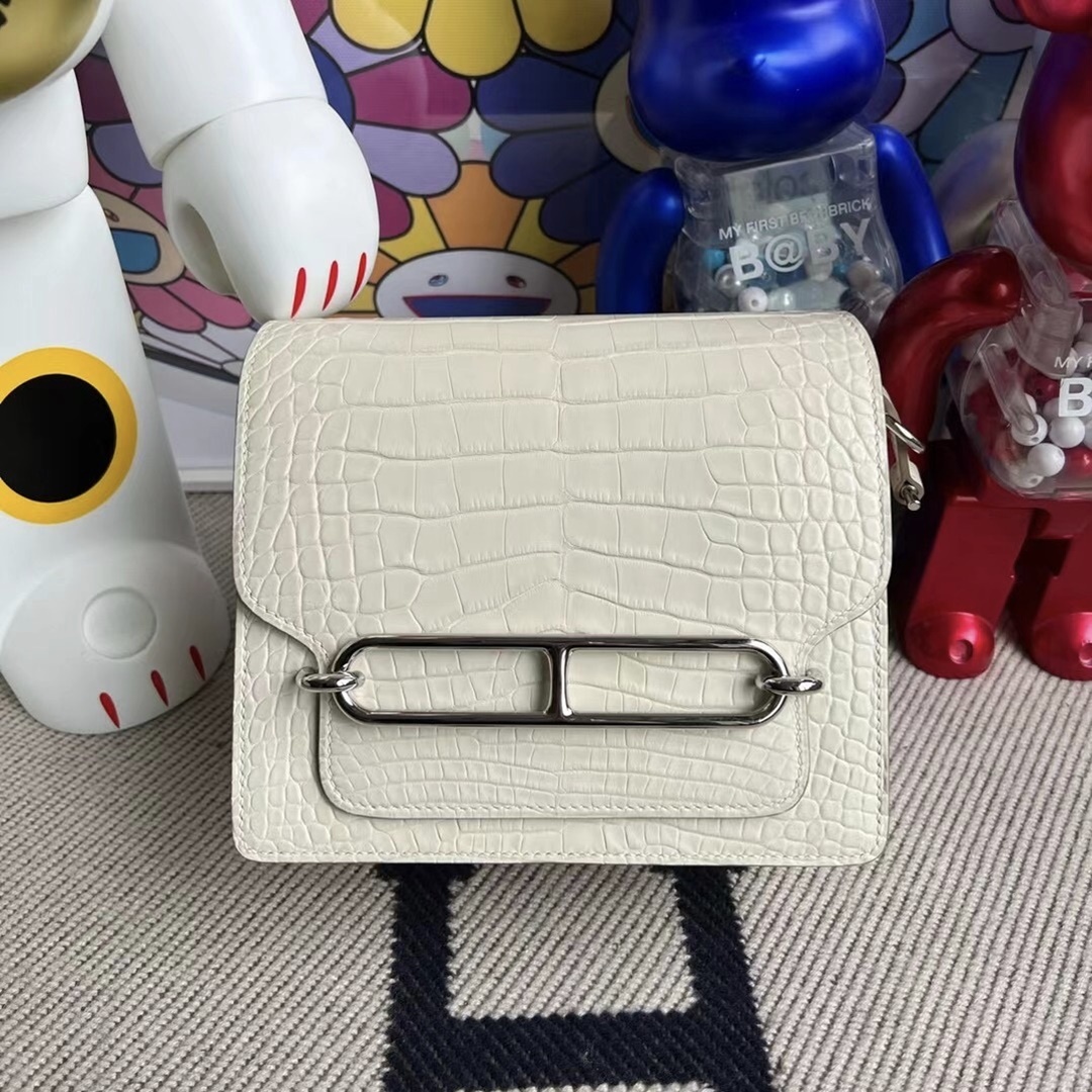 Hermes Roulis Mini 18 01 BLANC Niloticus Crocodile Himalayan-8866