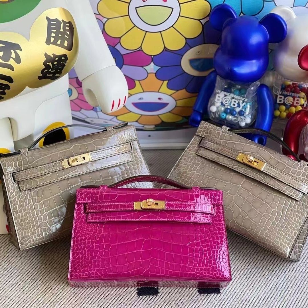 Hermes MiniKelly Pochette 22cm J5 Rose sheheraradez  Shiny alligator crocodile-3493