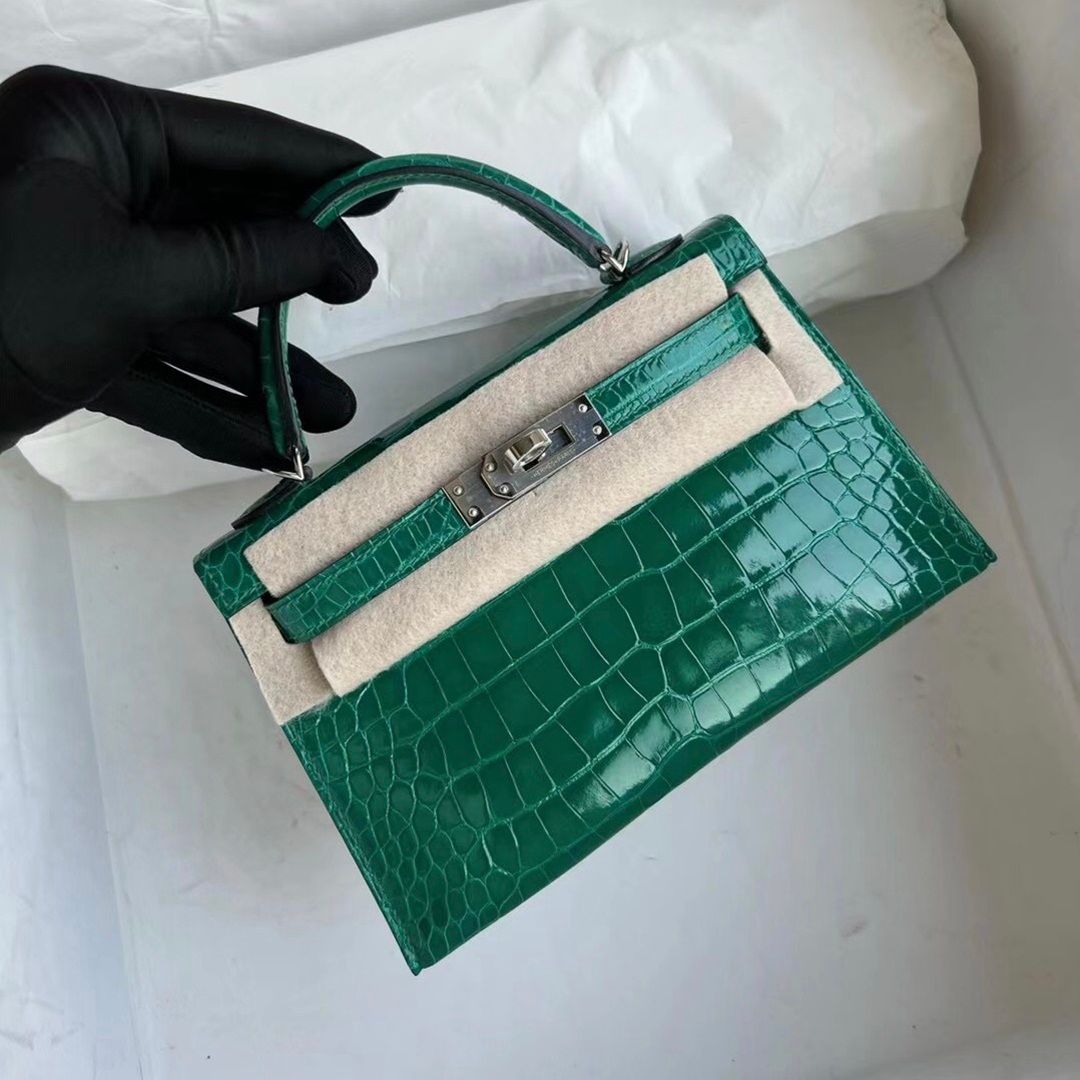 Hermès Kelly mini II Shiny Alligator Crocodile 7W Blue Izmir Gold hardware All hand sewing-0248-3907