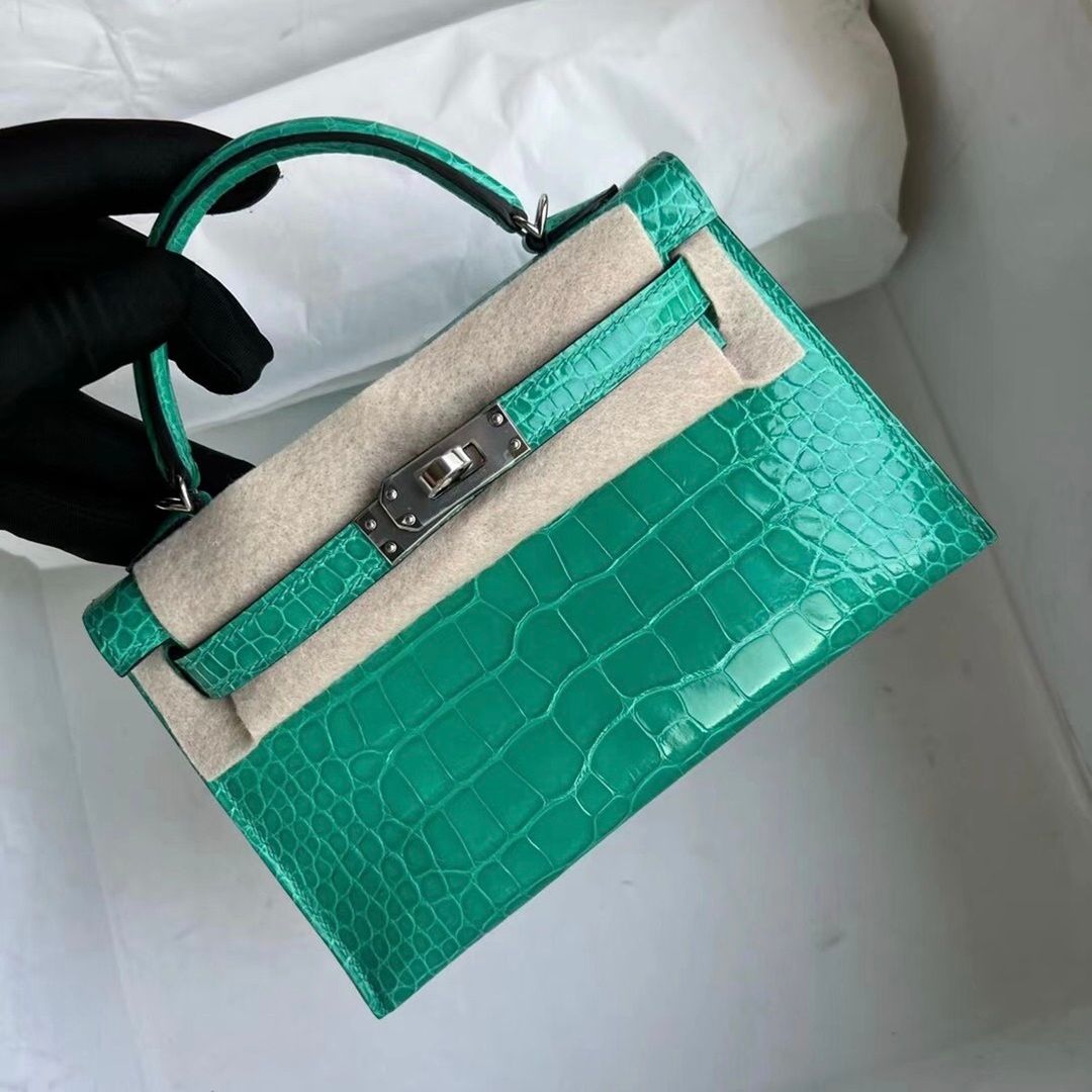 Hermes Kelly Mini II 20cm Shiny Alligator Crocodile 7T blue electric PHW-8303