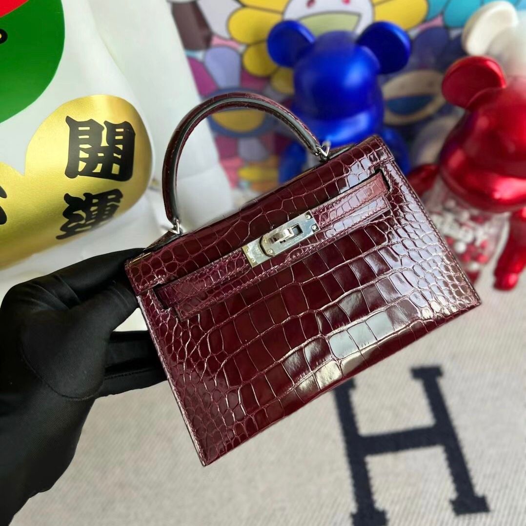 HHermès Kelly Mini II  7W Blue Izmir  shiny alligator crocodile GHW-3660