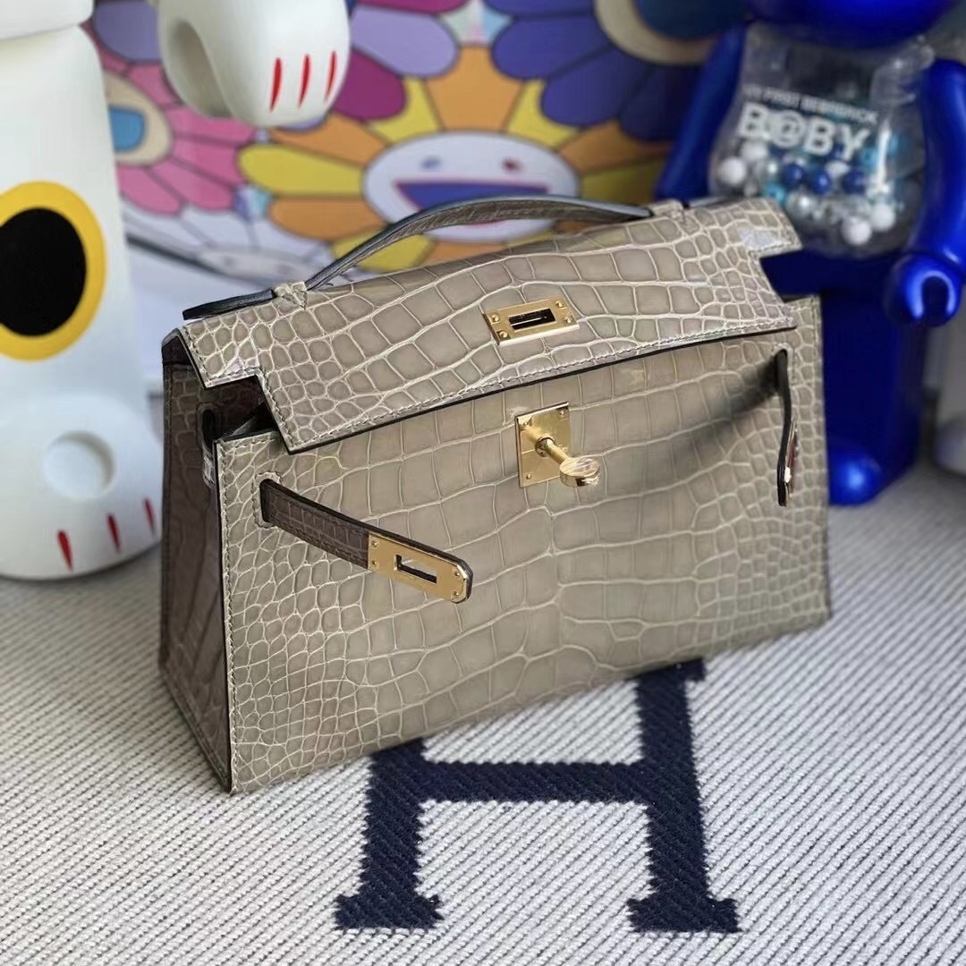 Hermes MiniKelly Pochette 22cm CC81 gris tourterelle Shiny alligator crocodile Hermes MiniKelly Pochette 22cm CC81 gris tourterelle Shiny alligator crocodile