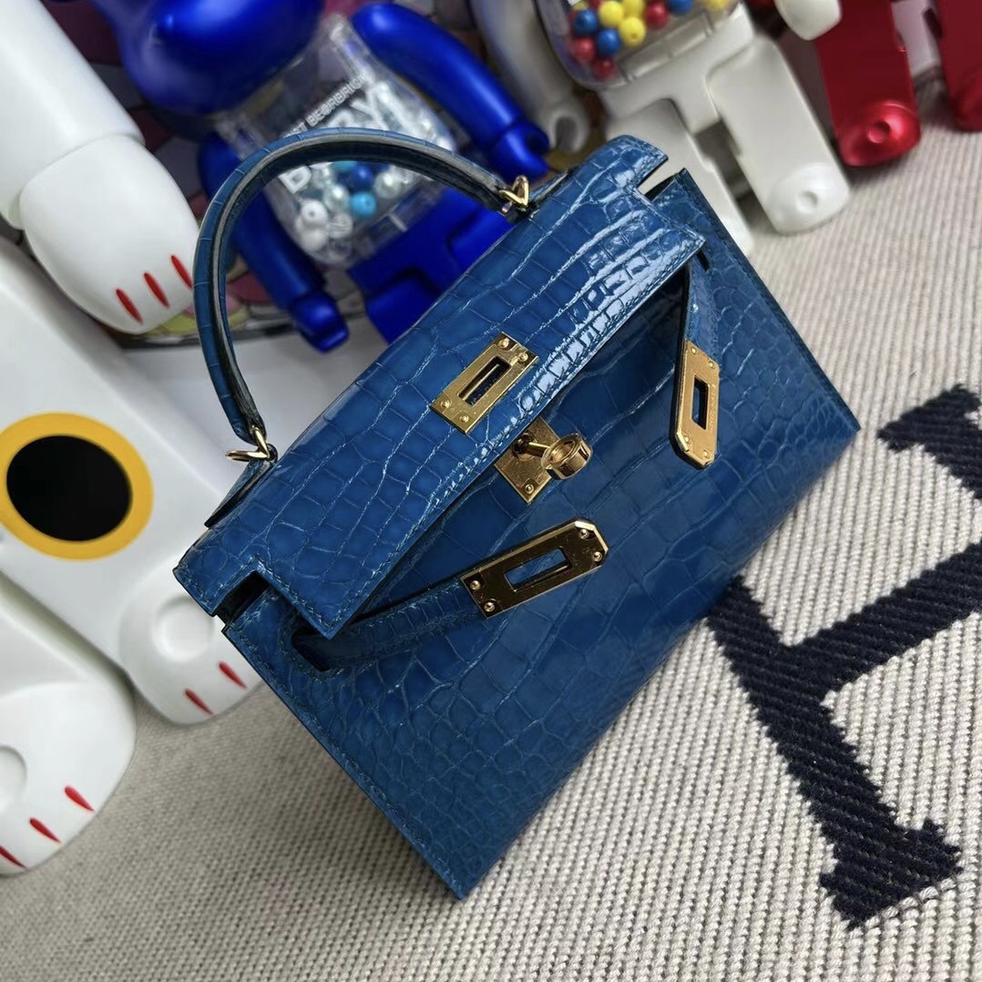 Hermès Kelly mini II Shiny Alligator Crocodile 7W Blue Izmir Gold hardware All hand sewing