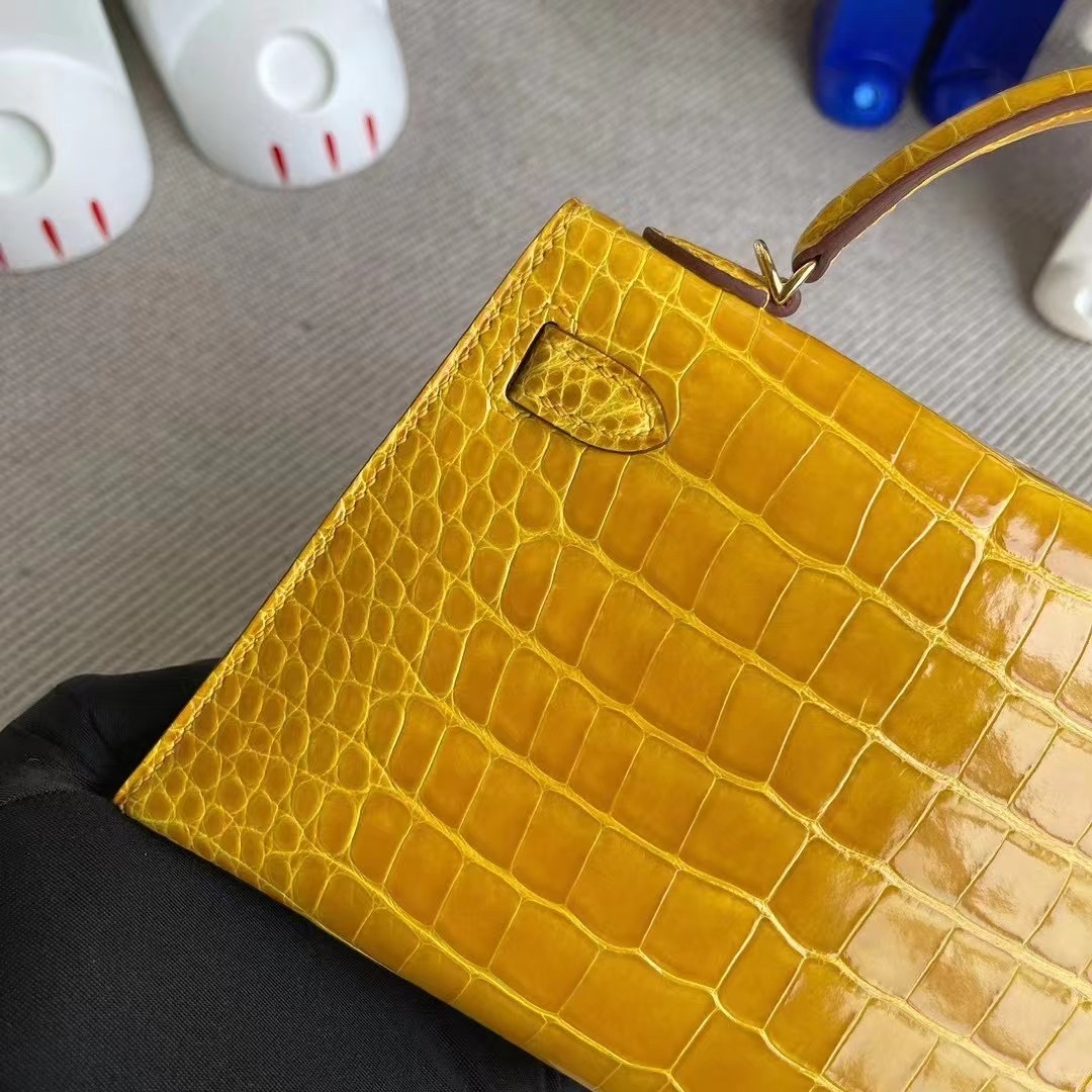 Hermes Kelly Mini II 2代 9D Jaune Amber  Shiny Alligator Crocodile