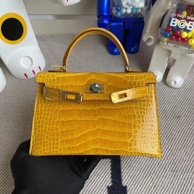 Hermes Kelly Mini II 2代 9D Jaune Amber  Shiny Alligator Crocodile