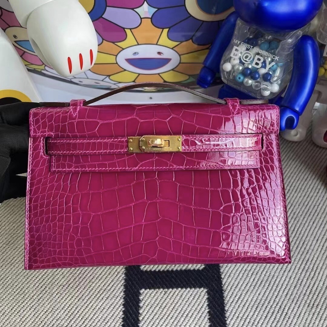 Hermes MiniKelly Pochette 22cm J5 Rose sheheraradez  Shiny alligator crocodile