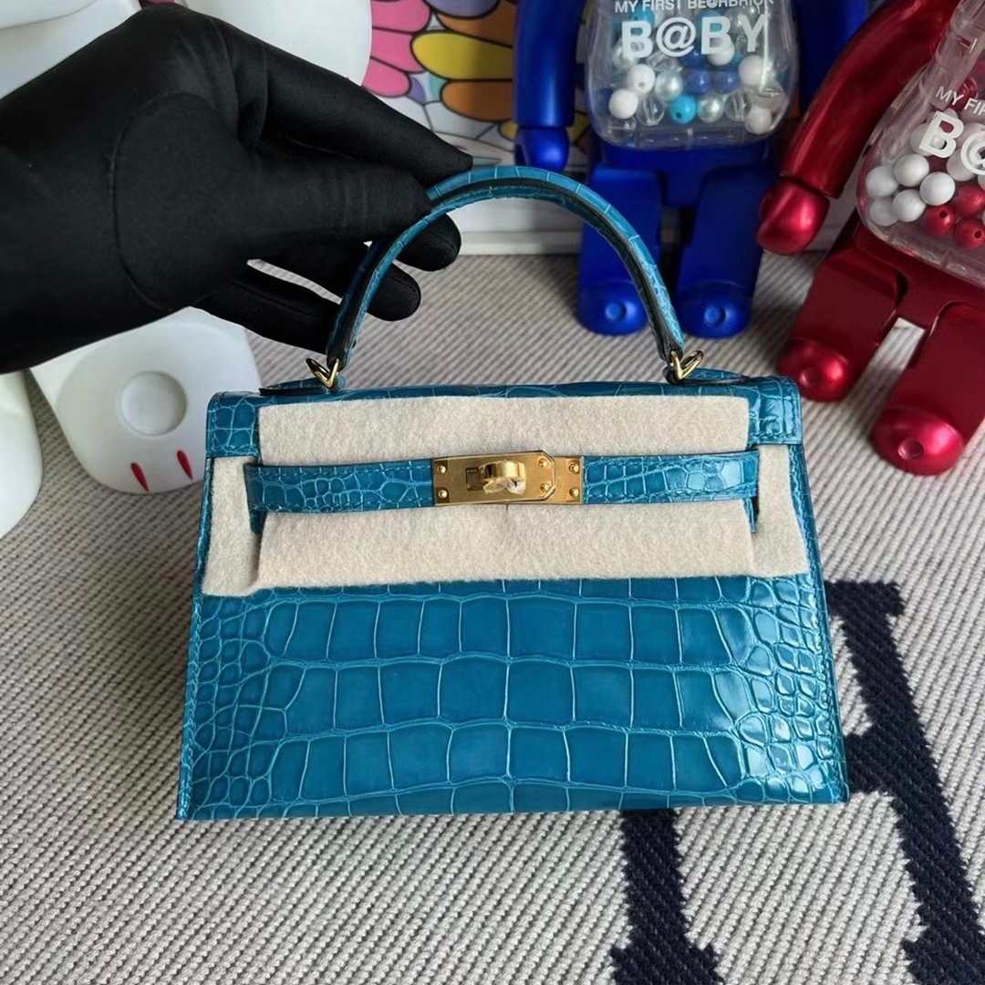 Herm&egrave;s Kelly mini II Shiny Alligator Crocodile 7W Blue Izmir Gold hardware All hand sewing-0248-3495