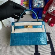 Hermès Kelly mini II Shiny Alligator Crocodile 7W Blue Izmir Gold hardware All hand sewing-0248-3495