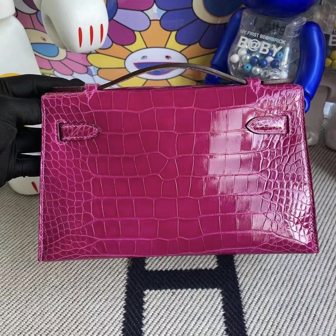 Hermes MiniKelly Pochette 22cm J5 Rose sheheraradez  Shiny alligator crocodile